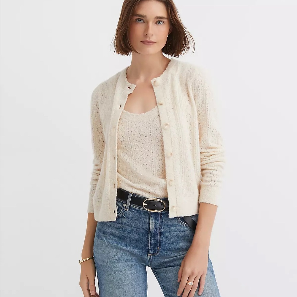 NWT LOFT Scalloped Pointelle Cardigan + Sweater Tank Set | Whitecap | Medium